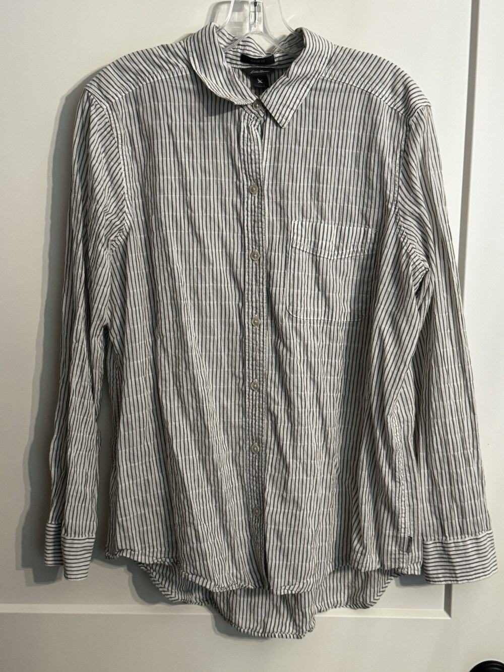 Eddie Bauer Womens Button Down Long Sleeve White Gray Stripe Gauzy Hiking Office